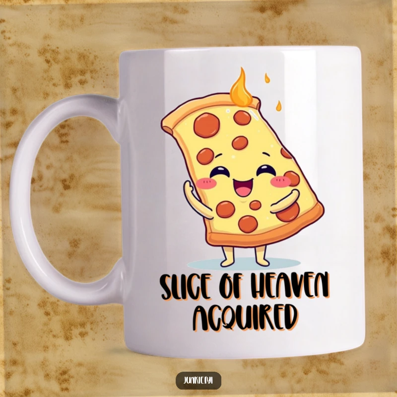 Funny Mug: A delighted food character with tiny arms lovingly embraces a huge, steaming slice of delicious pizza.