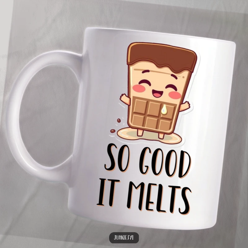 Funny mug with a smiling chocolate bar character slightly melting from sheer happiness. Deliciously comical.