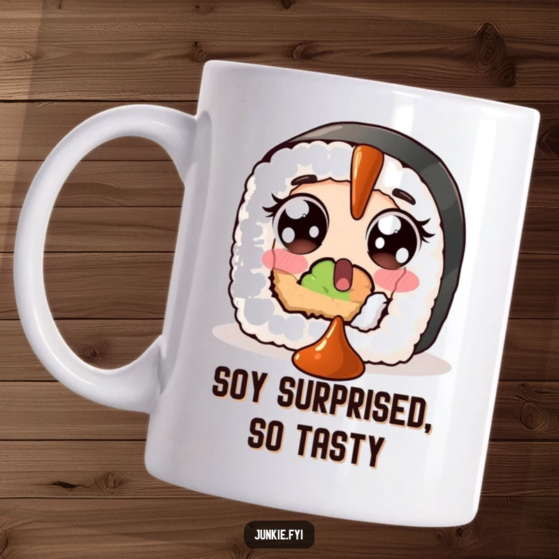 Funny mug showing a surprised sushi roll with wide eyes, comically trying to catch a falling dollop of soy sauce.