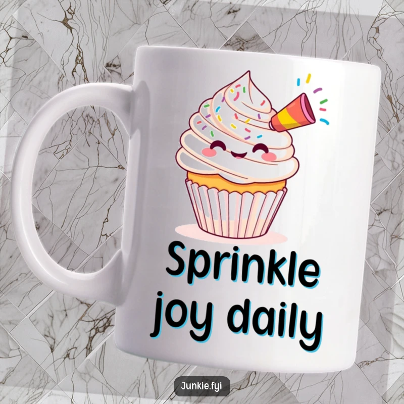 Funny Kawaii cupcake blowing colorful sprinkles from a tiny party horn, depicted on a cheerful mug.