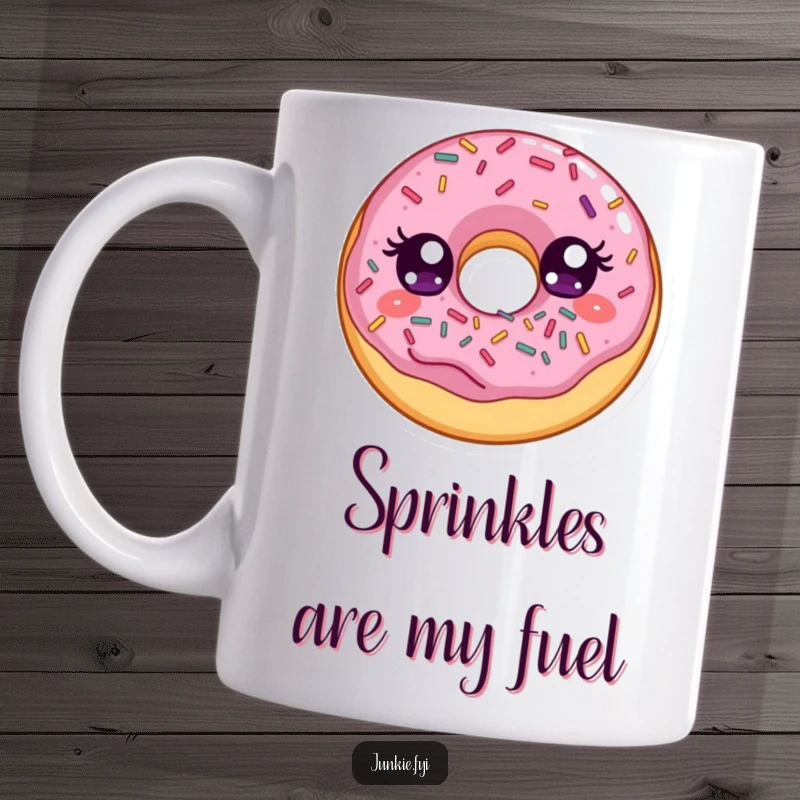 Funny mug featuring a delighted donut with wide eyes, joyfully stuffing its face with colorful sprinkles, a delightful foodie art.