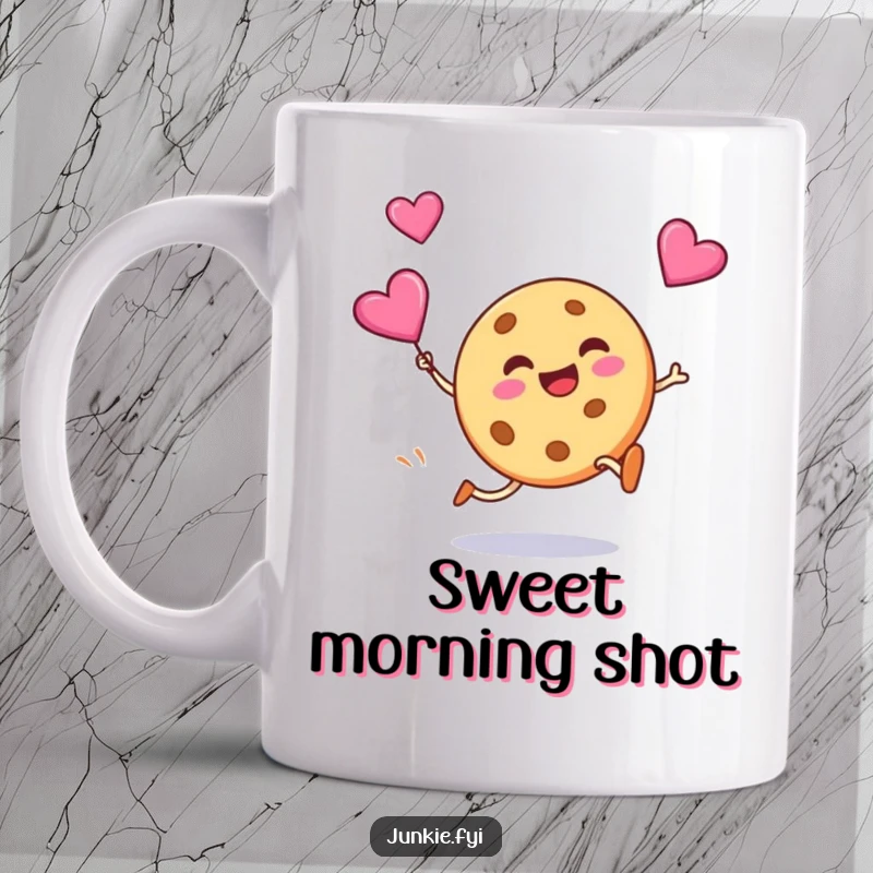 Funny mug showing a silly cookie grinning as it kicks a flying candy heart, embodying playful affection and sweet joy.