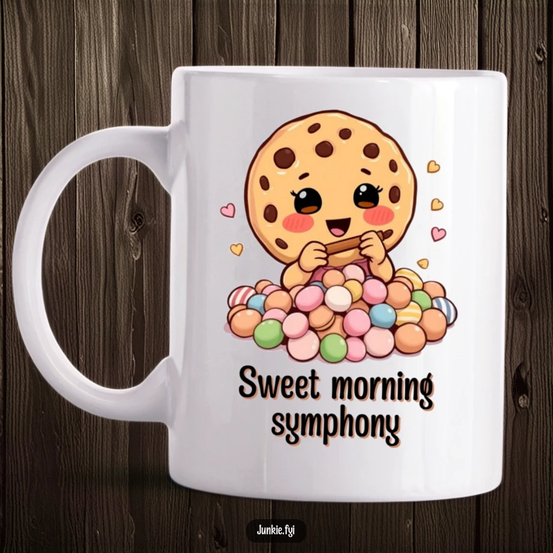 Funny mug featuring a happy cookie charmer playing a tiny flute, mesmerizing a pile of colorful candies with its sweet tune.