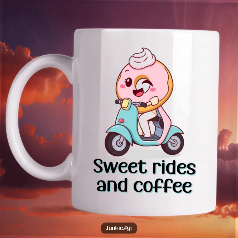 Funny Mug featuring a playful donut with frosting joyfully winking while riding a tiny scooter, full of sweet energy.