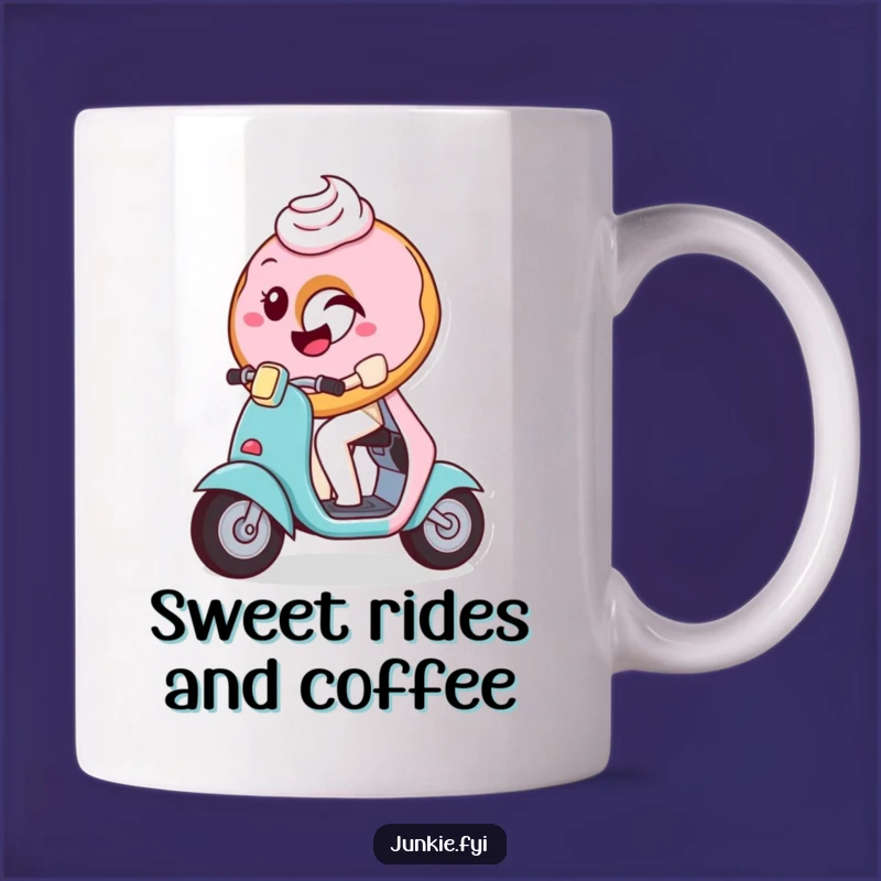 Funny Donut Scooter Mug: Playful Pastry Character, Perfect Humorous Gift for Sweet Treats!