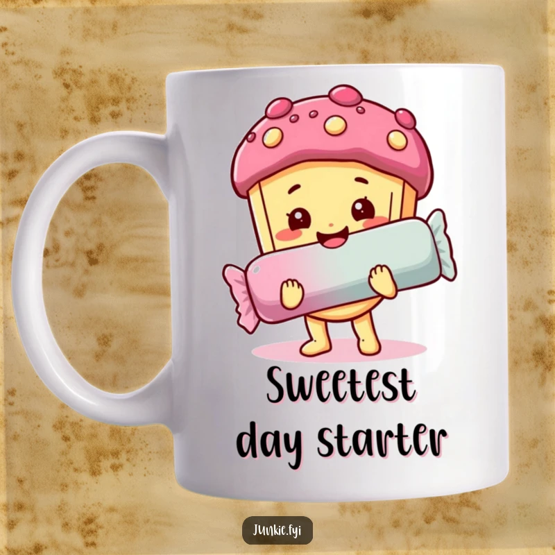 Funny mug: A happy food character with a sweet smile holds a huge candy bar, radiating pure sugary delight.