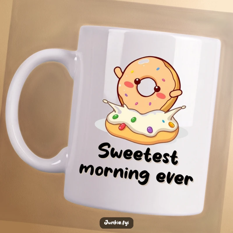 Funny donut character doing a joyful flip into a pool of frosting, on a cheerful mug.