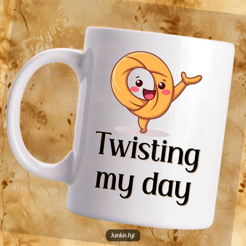 Funny mug with a happy pretzel character twisting joyfully while performing a cartwheel. Captures pure, energetic fun.