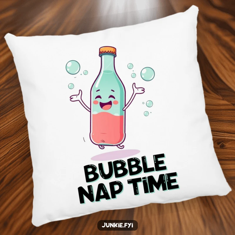 Funny Pillow: A giggling soda bottle character is dancing excitedly with bubbles, bringing humorous comfort and bubbly delight.