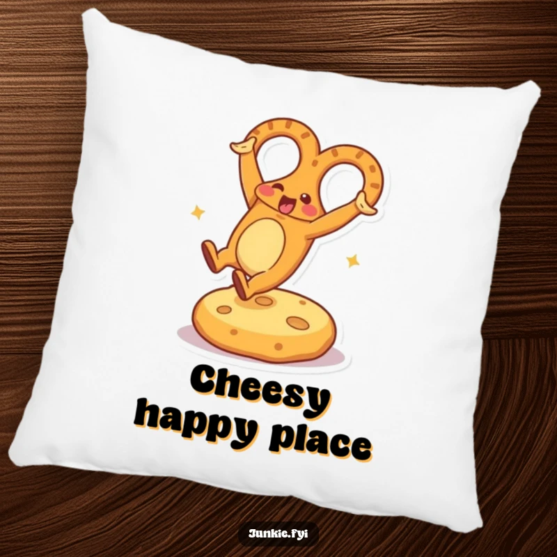 Funny Pillow with an energetic pretzel character doing a cartwheel on a soft cheese cushion, offering comfort and a good chuckle.