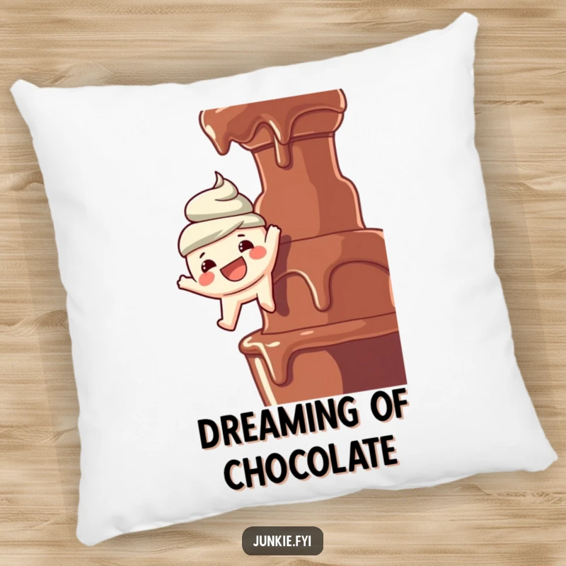Funny pillow: A gleeful food character with a wide smile dangles over a chocolate fountain, embodying pure sweet-toothed bliss.