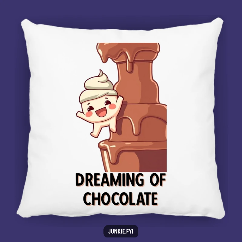 Comforting Funny Pillow: Foodie Dangles Over Chocolate Fountain, Cozy & Hilarious Gift!