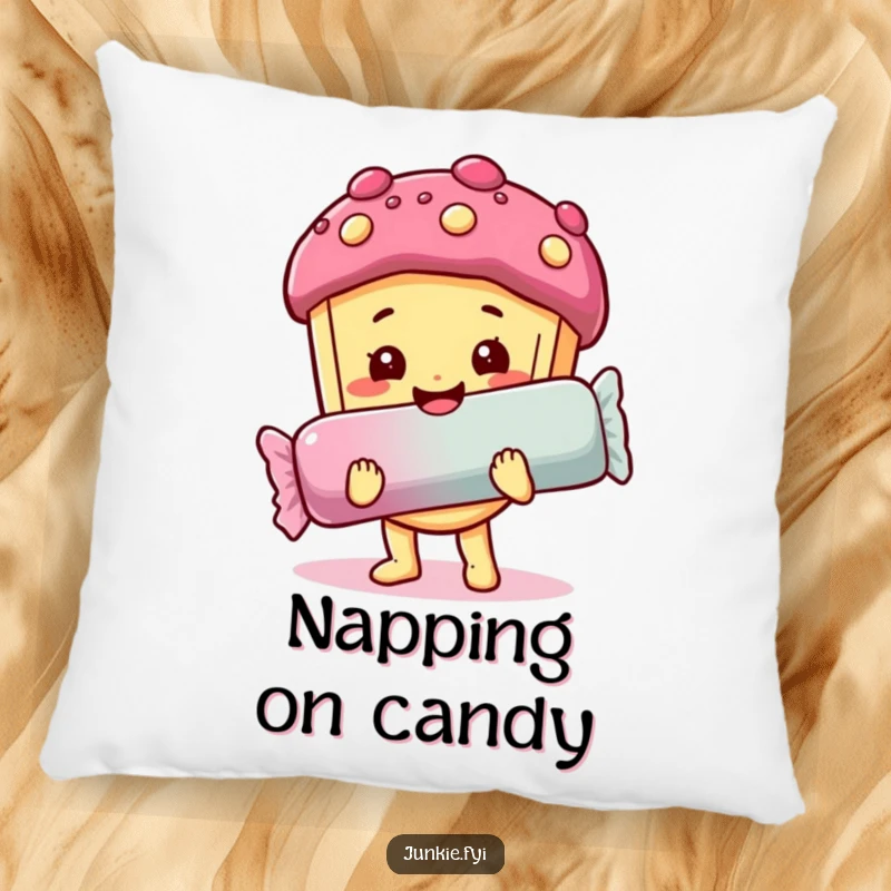Funny pillow: A beaming food character with a sweet expression holds a giant candy bar, embodying pure sweet happiness.