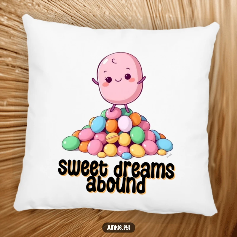 Funny Pillow showcasing a content macaron character balancing on a pile of colorful candies, offering soft comfort and sweet aesthetics.