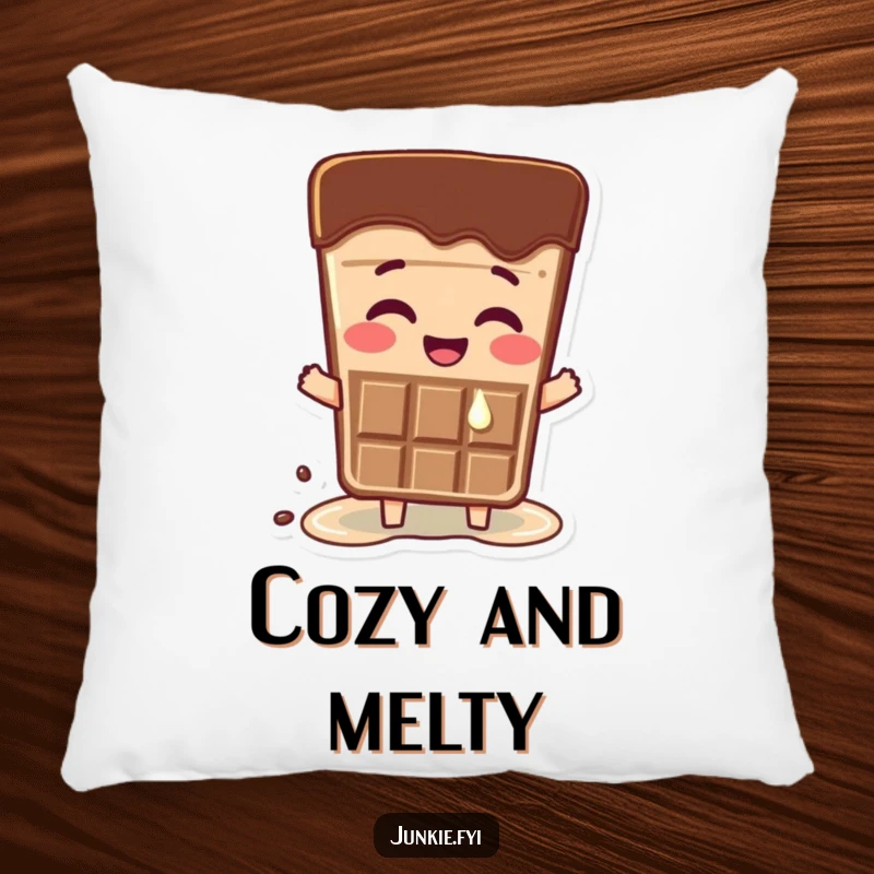 Funny pillow design of a happy chocolate bar character melting slightly from excitement. Soft and amusing.