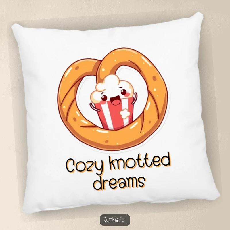 Funny pillow featuring a joyful pretzel twisting with happiness around a popcorn kernel, perfect for cozy snack-themed decor.