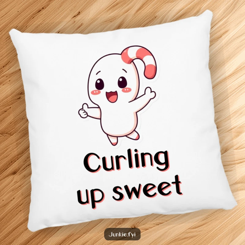 Funny candy cane character boomeranging back to a hand on a soft pillow, bringing festive comfort and cheer.