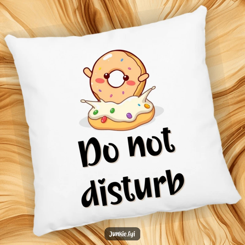 Funny donut character doing a joyful flip into a pool of frosting, on a plush pillow.