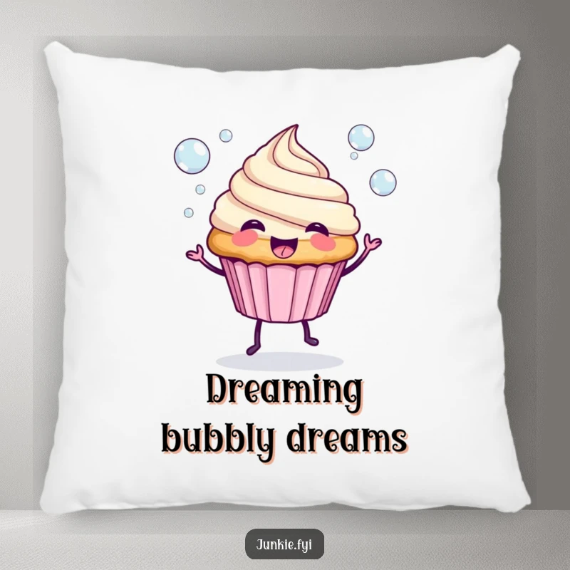 Funny Pillow: A spunky cupcake with legs blows bubbles, a soft and humorous decorative accent.