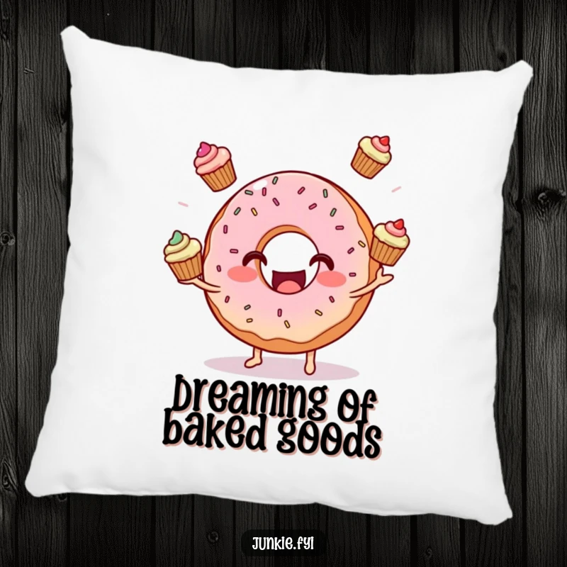 Funny donut character juggling three mini cupcakes on a plush pillow, offering comfort and a splash of sweet humor.