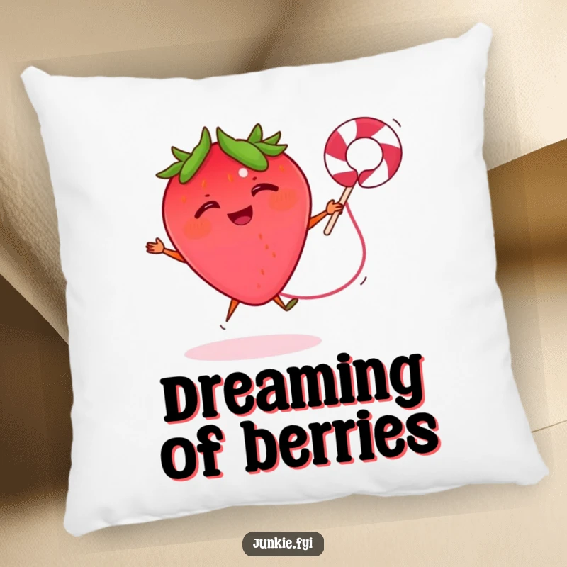 Funny pillow featuring a giggling strawberry jumping rope with a licorice string, offering cozy comfort and a cheerful bounce.