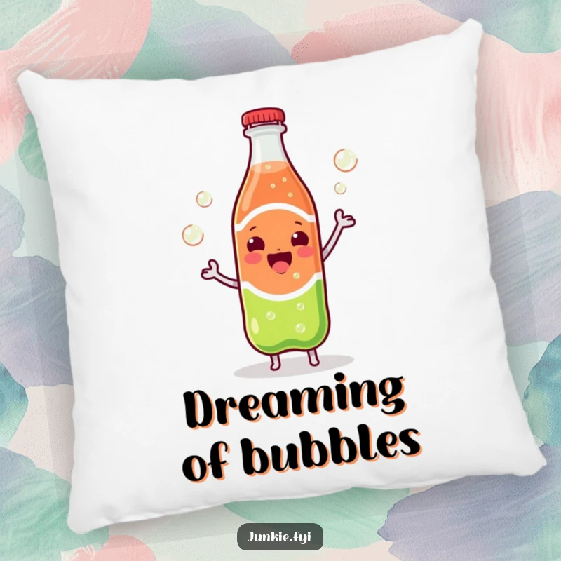 Funny Kawaii soda bottle dancing with vigorously escaping bubbles, soft and decorative pillow.