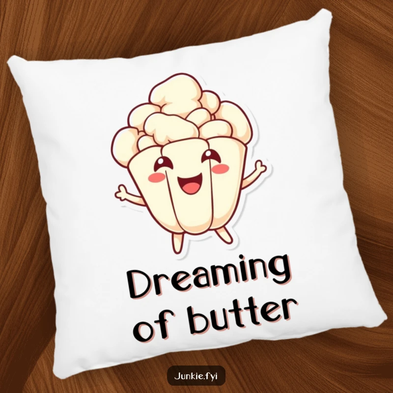 Funny popcorn pillow featuring a joyful kernel character energetically popping with a wide smile, a soft and amusing accent for cozy spaces.