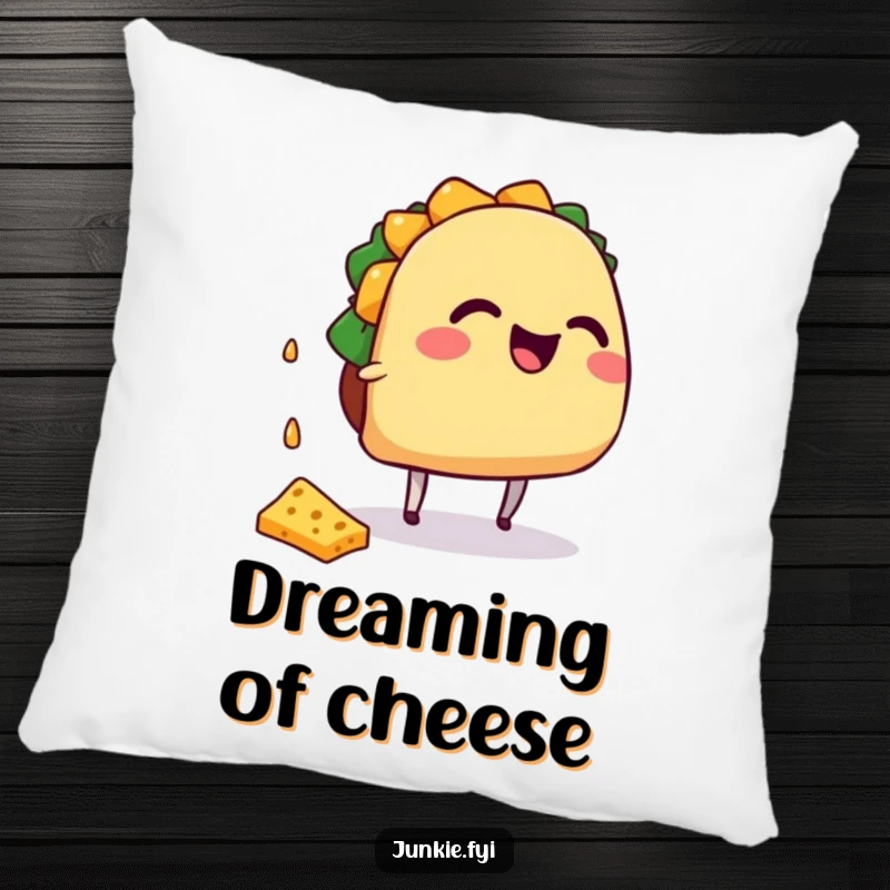 Funny giggling taco character with tiny legs catching falling cheese, on a plush pillow.