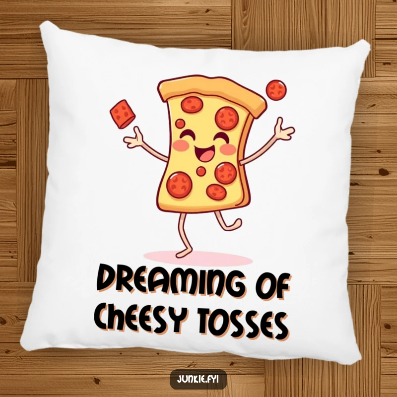 Funny Pillow showcasing a cheerful pizza slice with legs gleefully juggling pepperonis, perfect for cozying up with laughter.