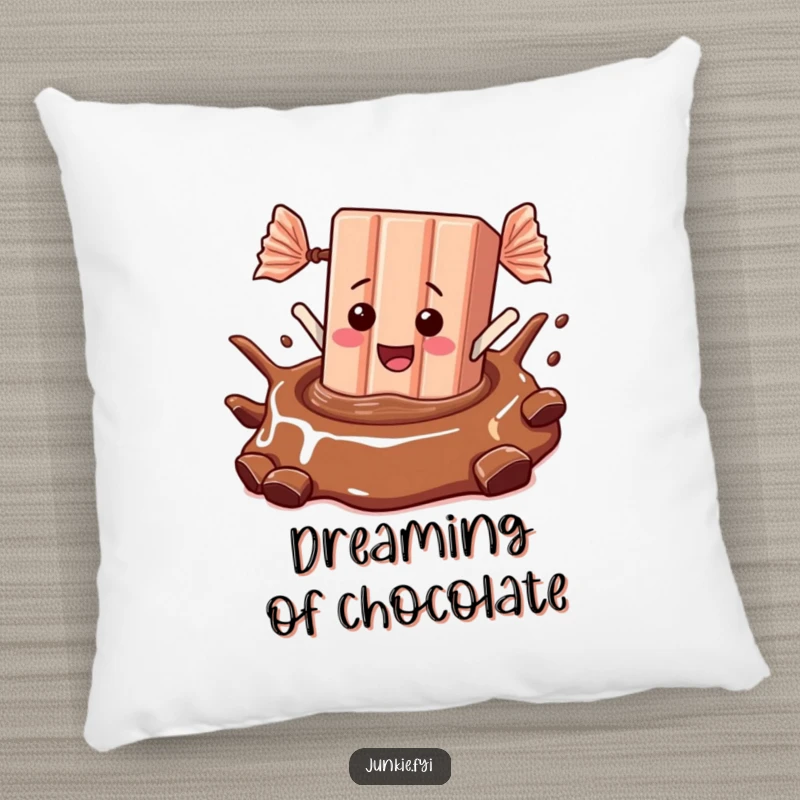 A happy candy bar is shown diving into chocolate on this soft, funny throw pillow.
