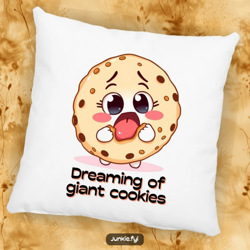 Funny decorative pillow with an excited food character taking a huge bite from a giant cookie, offering a soft and humorous touch.