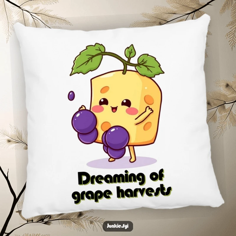 Funny Kawaii cheese character humorously trying to catch a falling grape, a soft and plush pillow for charming decor.