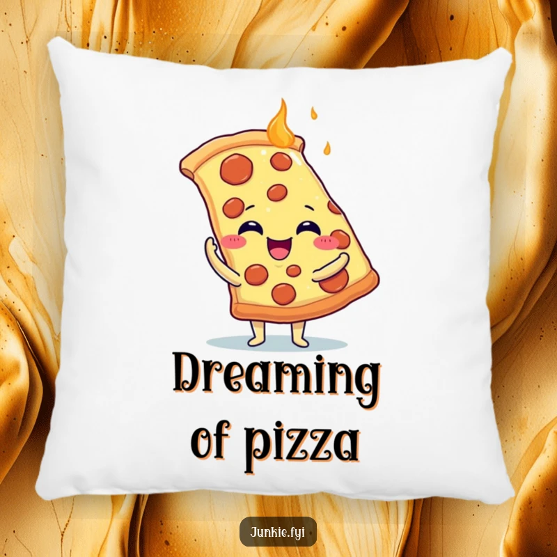 Funny Pillow: A happy food character with tiny arms hugs a giant, steaming pizza slice with immense delight.