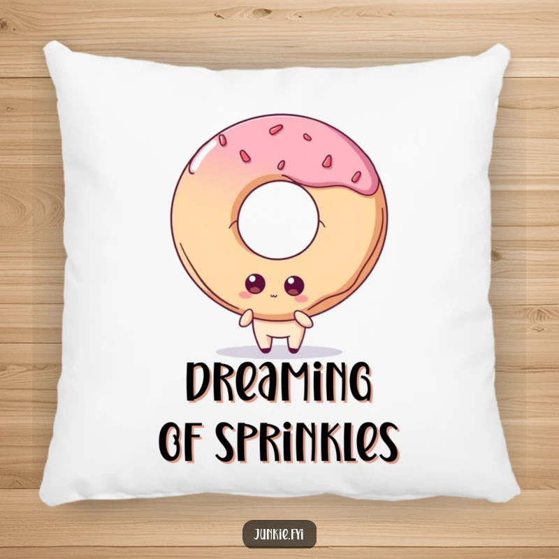 Funny pillow: A quirky food character with large, expressive eyes stares longingly at a colossal doughnut, embodying sweet obsession.
