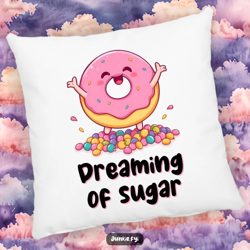 Soft funny donut pillow depicting a character happily playing with tiny candies, offering comfort and smiles.