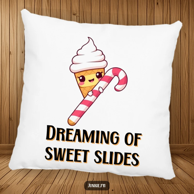 Funny Pillow: A mischievous ice cream cone slides down a candy cane, a soft and humorous decorative accent.