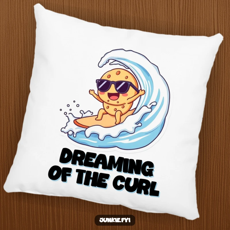 Funny Kawaii cookie wearing sunglasses, surfing a massive milk wave, soft and decorative pillow.