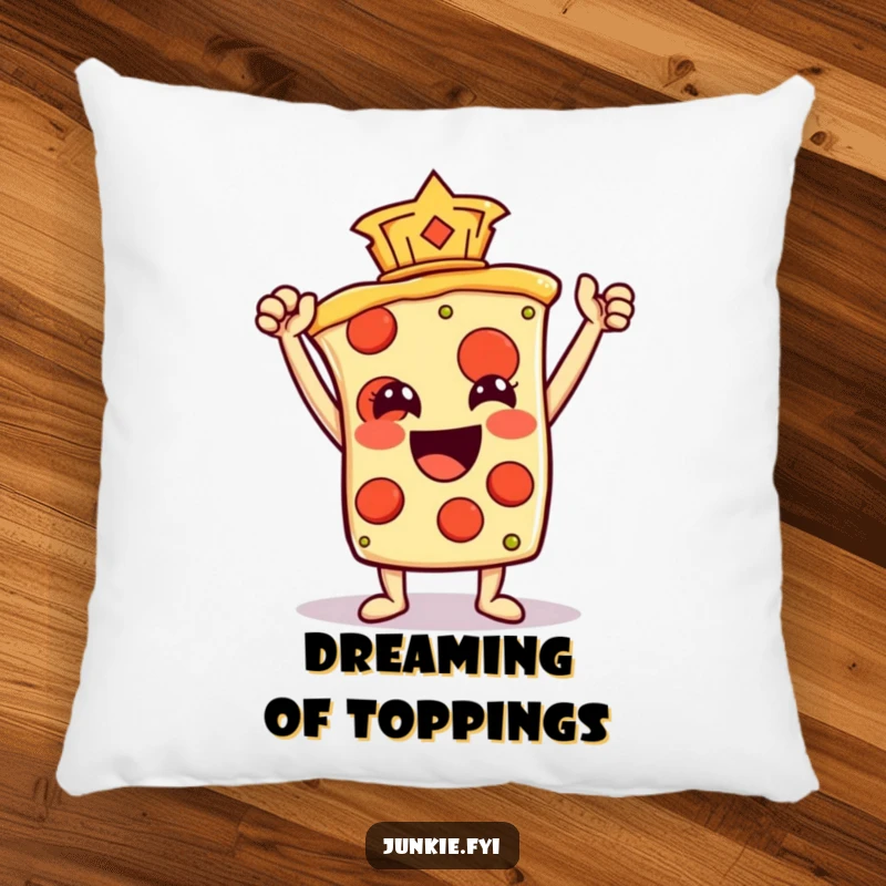 Funny Pillow featuring a pizza slice character triumphantly raising a pepperoni like a trophy, offering soft comfort and cheesy humor.