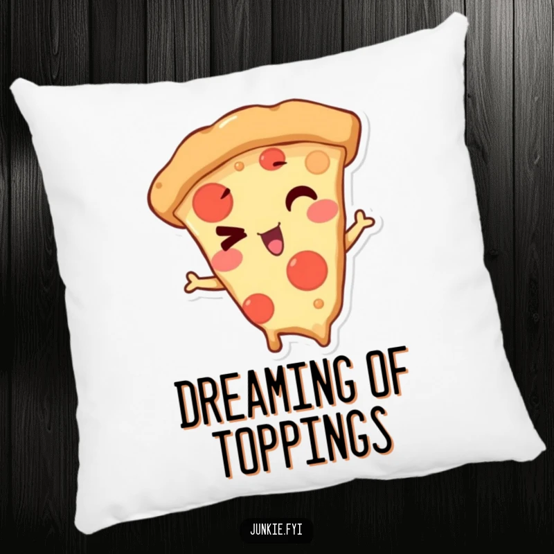 Funny Pillow featuring a mischievous pizza slice character winking playfully, offering soft comfort and a touch of pizza-themed humor.