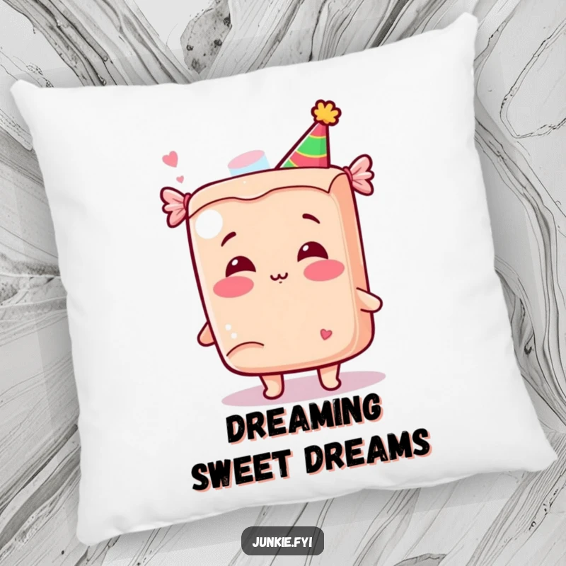 Funny Kawaii Candy Pillow: A giggling anthropomorphic candy bar in a party hat blows a kiss on this soft and funny decorative pillow.
