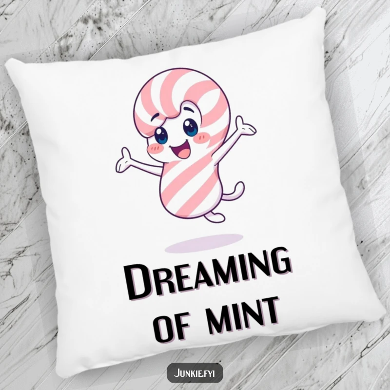 Funny candy cane pillow, a cheerful character twirling enthusiastically, soft and festive.
