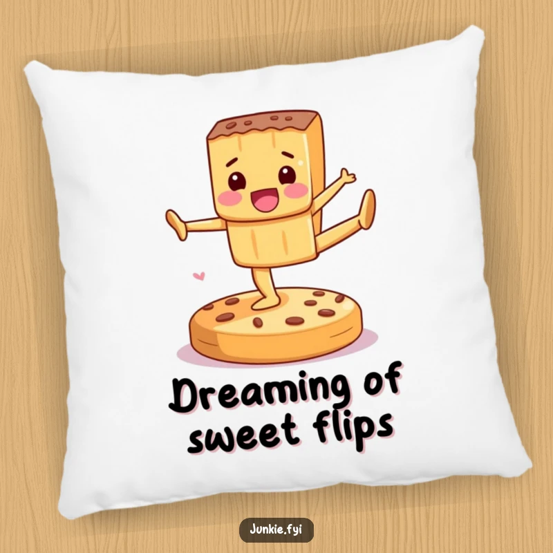 Funny Pillow showcasing a delighted candy bar performing gymnastics on a cookie, perfect for cozying up with smiles.