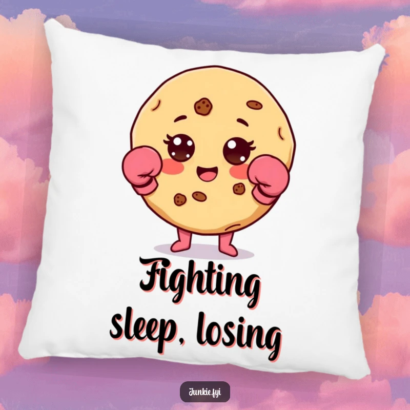 Funny cookie character with chip accents and cute boxing gloves on a plush, comfortable pillow.
