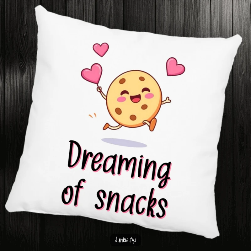 Funny pillow featuring a silly cookie grinning while kicking a flying candy heart, offering cozy comfort and a sweet smile.