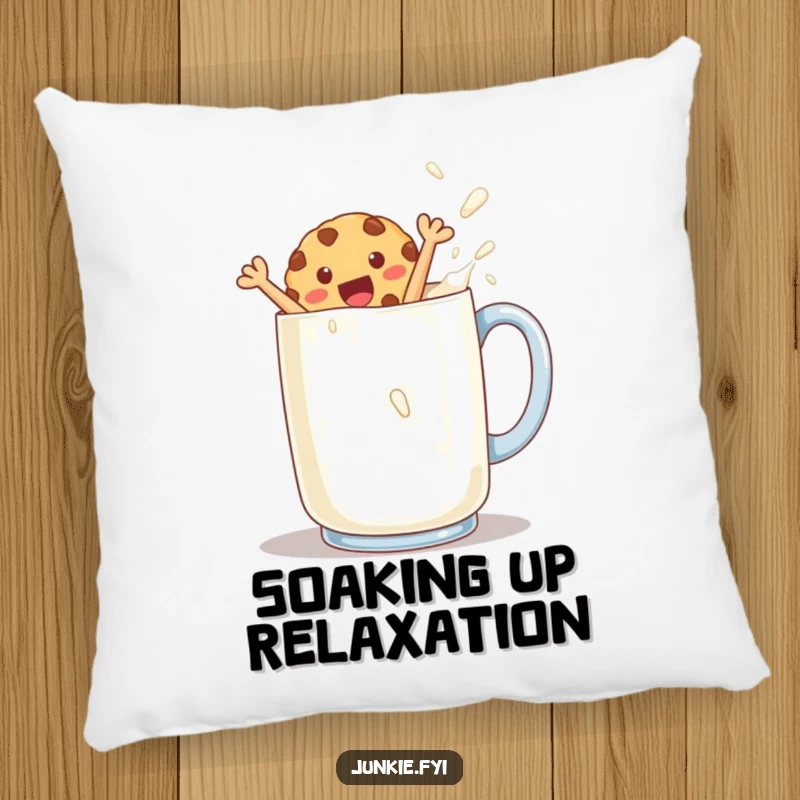 Funny cookie character happily jumping into a milk mug on a soft pillow, bringing comfort and sweetness.
