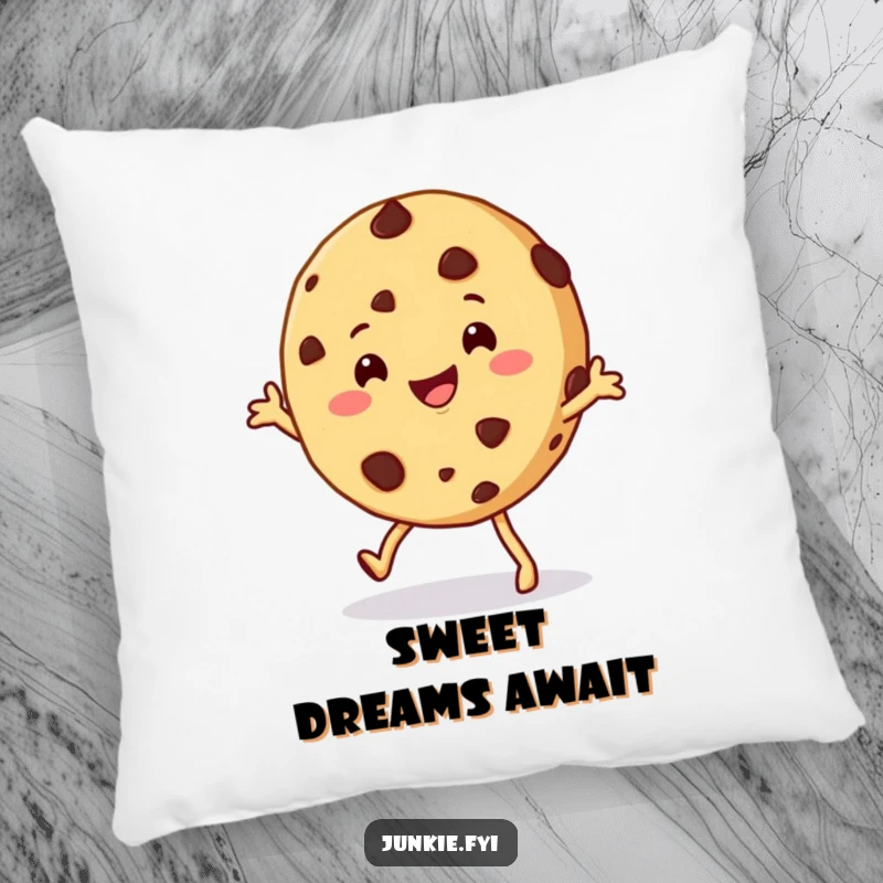 Funny cookie pillow featuring a happy chocolate chip cookie character doing a playful shimmy, a soft and amusing accent for cozy spaces.
