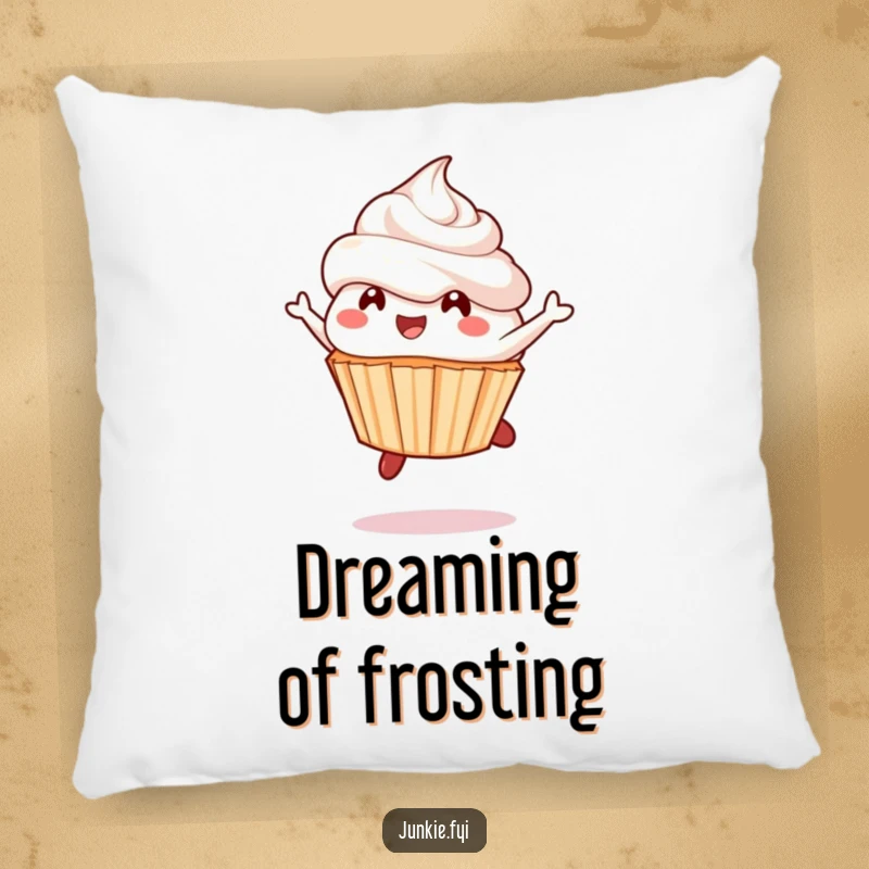 Funny cupcake pillow, a delighted character mid-leap with frosting flying, soft and deliciously fun.