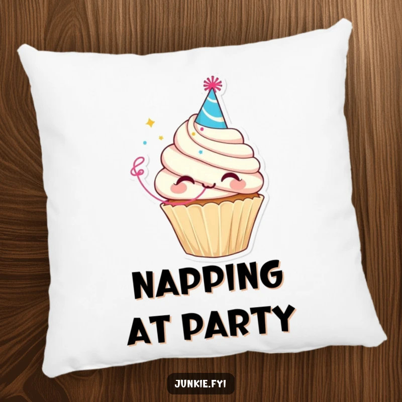 Funny pillow featuring a delighted cupcake character in a party hat blowing a streamer, designed for comfort and festive decor.