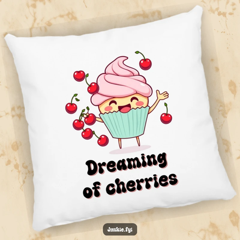 Funny cheerful cupcake pillow juggling cherries, a soft decorative cushion with a playful design.