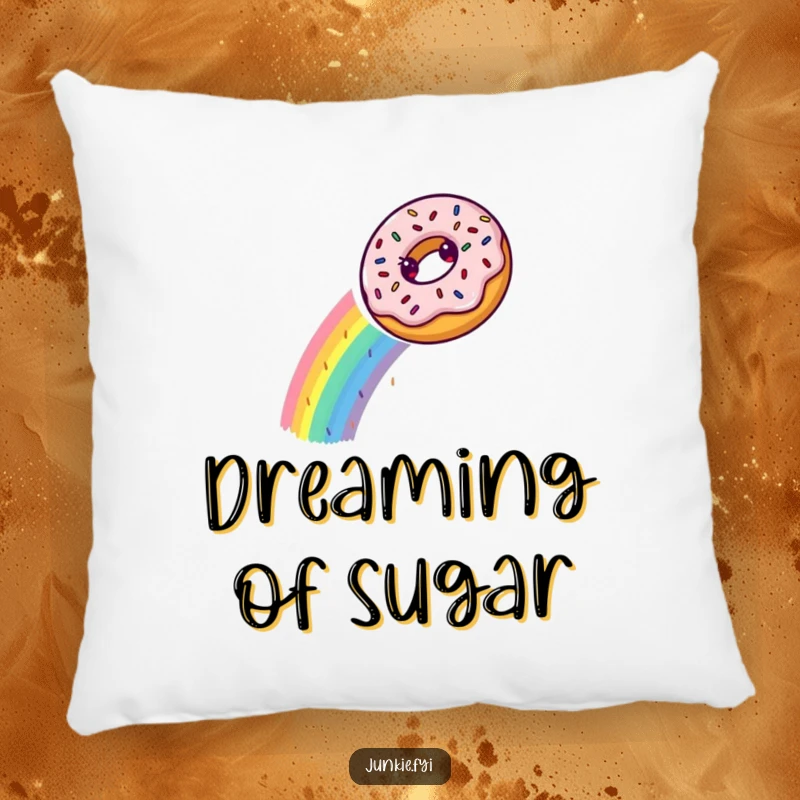 A happy donut slides down a sprinkle rainbow on this soft, funny throw pillow.